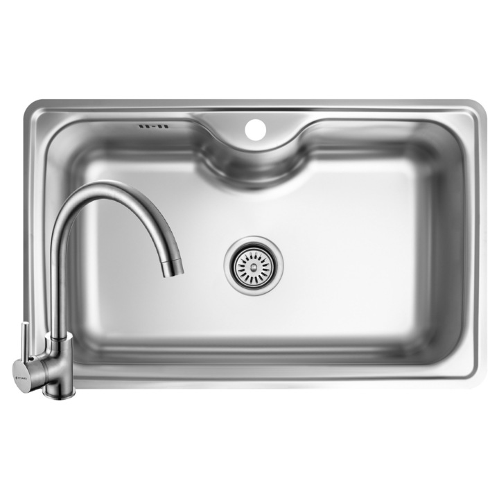 Set chiuveta inox Pyramis INSET si baterie BELLO, dimensiune 80x50m, 1 cuva mare, adancime 20cm, montare pe blat, pipa inalta rotativa. finisaj lucios