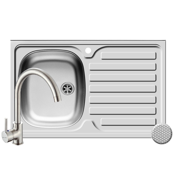 Set chiuveta inox Pyramis INTL si baterie BELLO, dimensiune 80x50cm, orientare cuva stanga, adancime 15cm, montare pe masca, pipa inalta rotativa, finisaj antizgariere