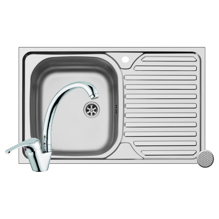 Set chiuveta inox Pyramis CORE si baterie SERENO, dimensiune 80x50cm, orientare cuva stanga, adancime 14cm, montare pe masca, pipa inalta rotativa, finisaj antizgariere