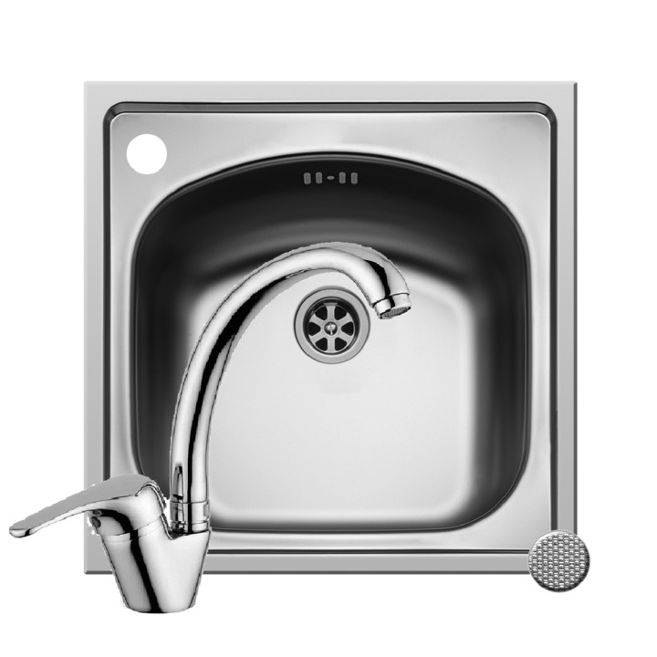 Set chiuveta inox Pyramis INSET baterie SERENO, dimensiune 44x44cm, 1 cuva, adancime 15cm, montare pe blat, pipa inalta rotativa, finisaj antizgariere