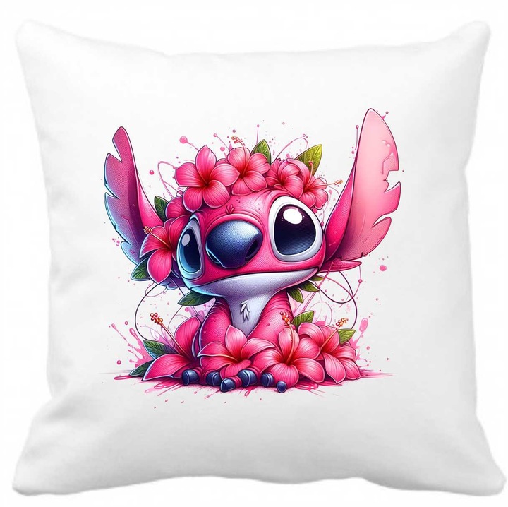 Perna personalizata cu imprimeu ANGEL (STITCH) 1, 40 x 40 cm, poliester, alba, CRD PRINT, 330ml, alba