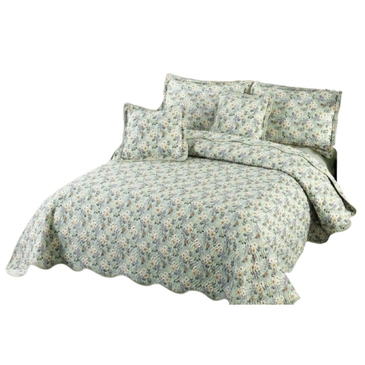 Cuvertura si 2 Fete de Perna, Bumbac, 5 piese, 2 persoane, Imprimeu Floricele, 230x250cm, Multicolor