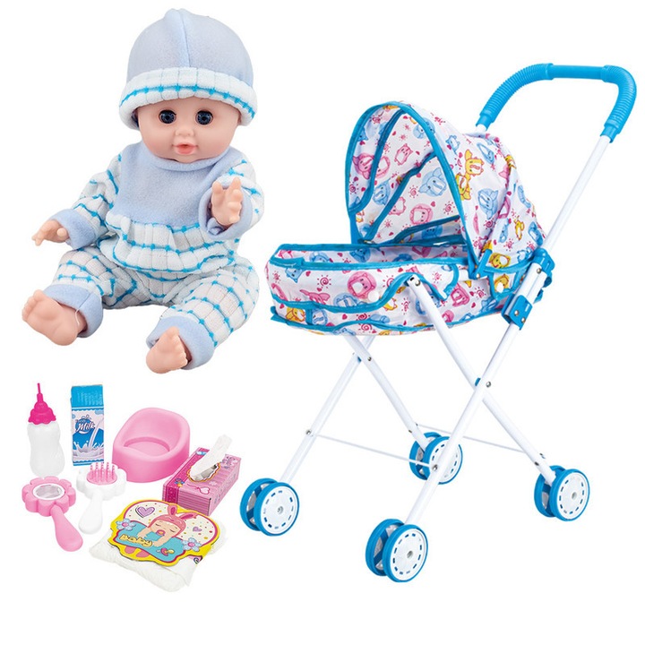 Baba szett babakocsival és kiegészítőkkel, 33cm, szilikon, kék