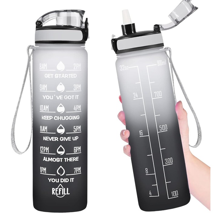 Бутилка за вода, с мотивационни цитати, 715 мл, преносима, черно/бяла, за офис и спорт