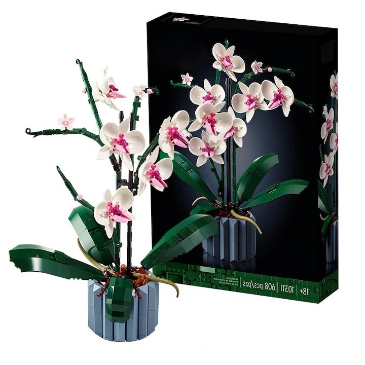 Felnőtt építőkészlet, orchidea modell, 30x30x39 cm, 608 darabos