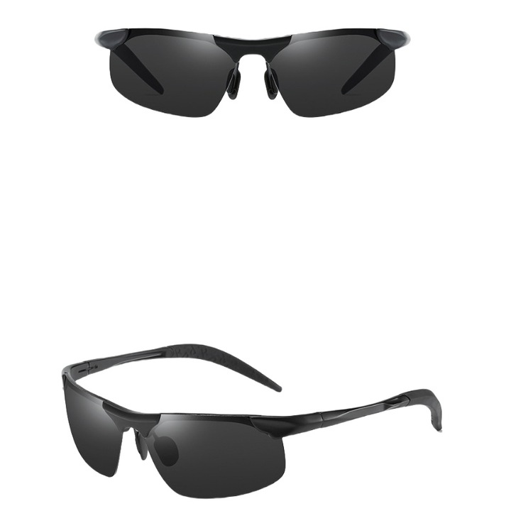 Polarizált napszemüveg cserélhető lencsékkel férfiaknak, félkeretes alumínium-magnézium kerettel, távoli fény elleni védelemmel, 8177-es modell, fekete, ideális vezetéshez