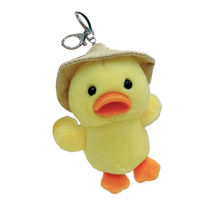Плюшена играчка пате с шапка, сладък жълт ключодържател за пате, декорация за ученическа чанта, плюшен ключодържател за пате, аксесоар за ключове, декорация за раница, идеален подарък за деца и възрастни
