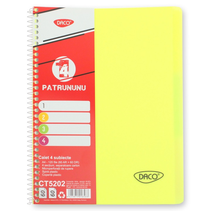 Тетрадка А4 120 листа, 4 предмета, пластмасова корица, спирала DACO, жълта