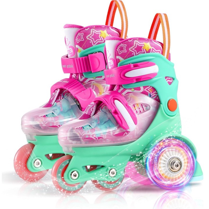 Állítható görkorcsolya gyerekeknek, tanuláshoz, S méret (31-34), háromszög alakú platform a stabilitásért, világító szilikon kerekek, 4 kerék, kezdőknek, zöld és rózsaszín