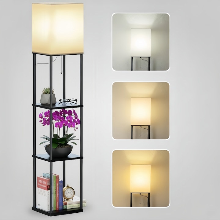 Lampadar dreptunghiular modern, lampa de podea cu rafturi, bec LED 9W inclus, lumina reglabila in 3 culori, 158x26x26cm, Negru/Alb