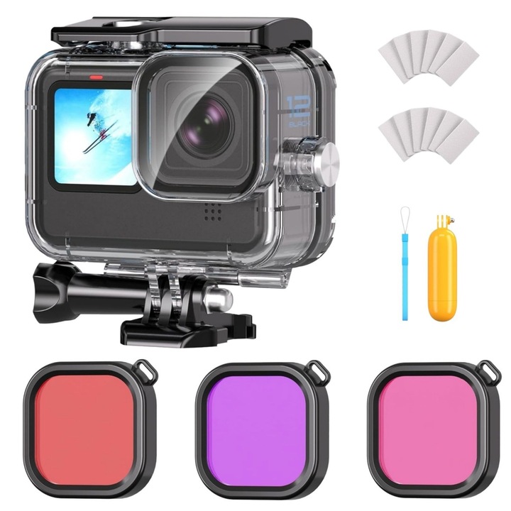 Carcasa Subacvatica Waterproof cu Filtre pentru Scufundari pentru GoPro Hero 13 / Hero 12 / Hero 11 / Hero 10 / Hero 9 Black, Rezistenta pana la 70M, Accesoriu Profesional pentru Camera de Actiune