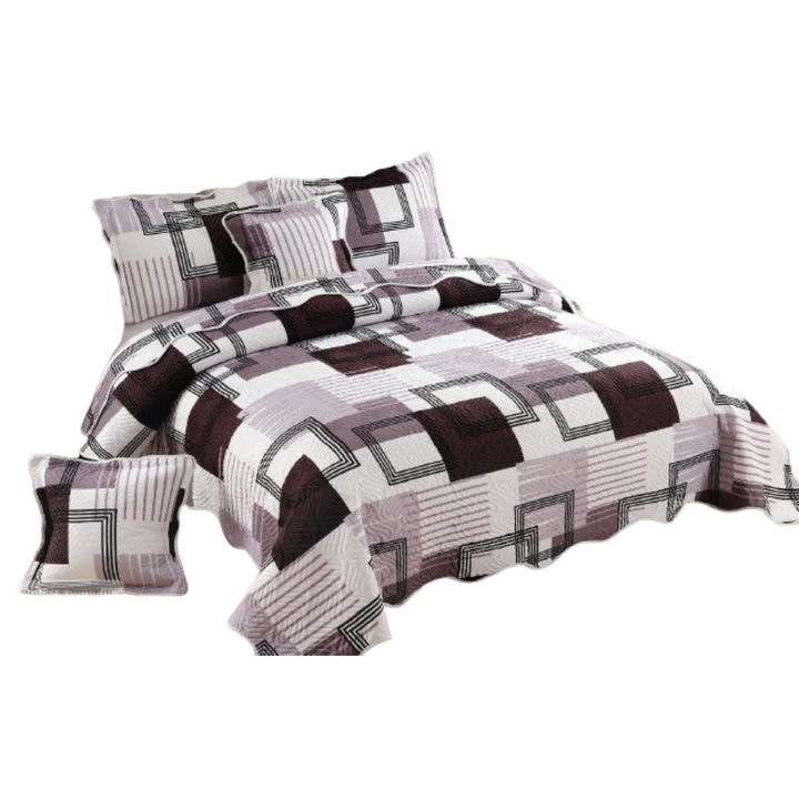 Cuvertura si 2 Fete de Perna, Bumbac, 5 piese, 2 persoane, Imprimeu Forme Geometrice, 230x250cm, Multicolor