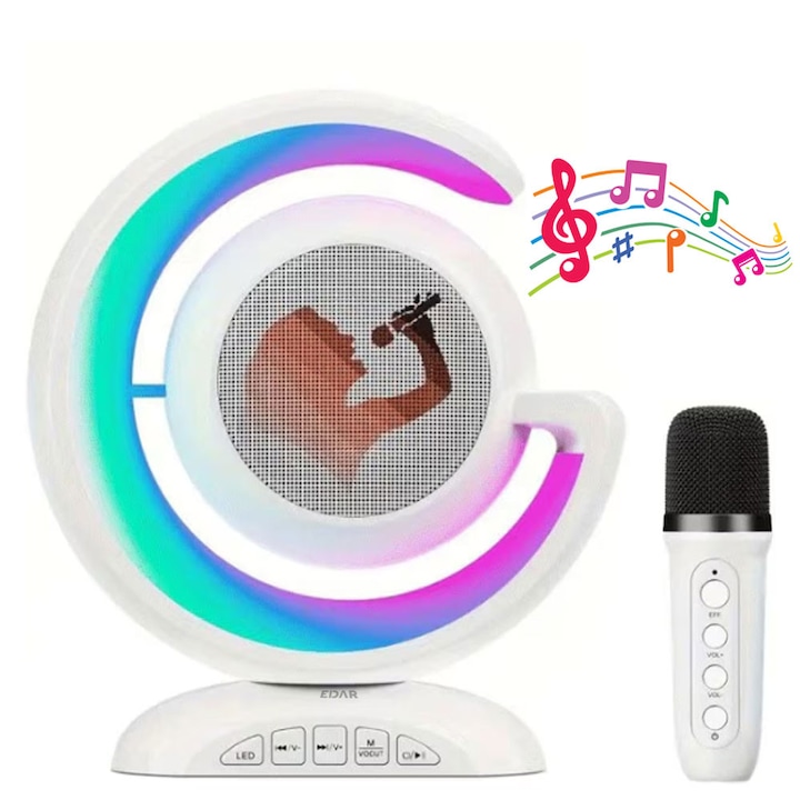 Set Karaoke 2 in 1 EDAR, Statie Smart cu Microfon Wireless si Boxa Portabila cu Lumina RGB, Conectare Telefon, Slot Card, Alb, YS110
