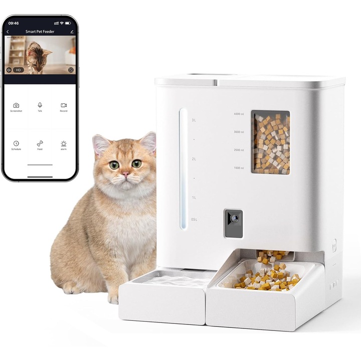 Автоматична хранилка MOSMAOO, Диспенсър за вода и храна 2 в 1, С камера, Двупосочно аудио, Капацитет 4L+5L, Гласов чат с кучета или котки, 10 секунди запис на глас, Wi-Fi 2.4 Ghz, Контрол на порциите, Програмируем, За кучета и котки, Бял