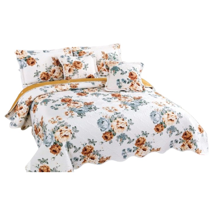 Cuvertura si 2 Fete de Perna, Bumbac, 5 piese, 2 persoane, Imprimeu Bujori, 230x250cm, Multicolor