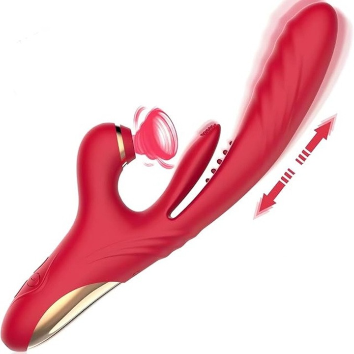 Вибратор SIPEDO, 3 в 1, Различни вибрации и пулсации, Стимулация на клитора, Множество оргазми, За жени, USB зареждане, Преносим, Безшумен, Водоустойчив, Лесен за почистване, Медицински силикон + ABS, Червен, 26.5 X 8.6 см