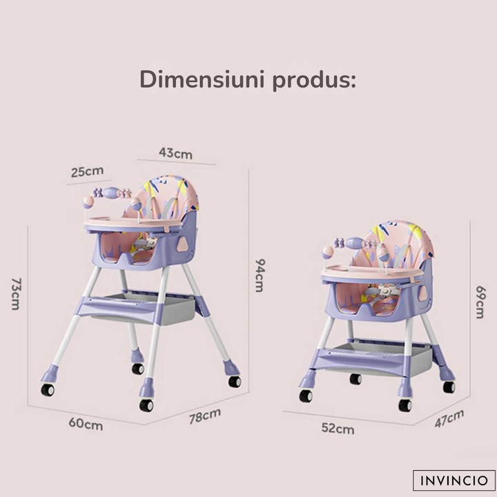 Scaun de masa pentru copii Invincio Care, varsta 6-72 luni, reglabil, pliabil, multifunctional si stabil, roti, centura de siguranta 5 Puncte, ajustabil pe inaltime, rezistent la murdarie, cos de depozitare, picioare antiderapante, design modern, Roz