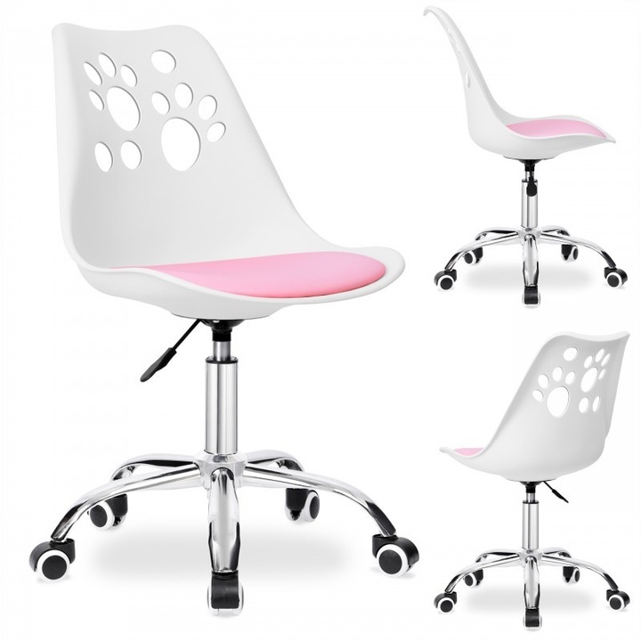 Офис стол, детски, въртящ се и въртящ се, 5 колела, екокожена възглавница и метална рамка, JollyMag, KO16BJR, Бяло-розов