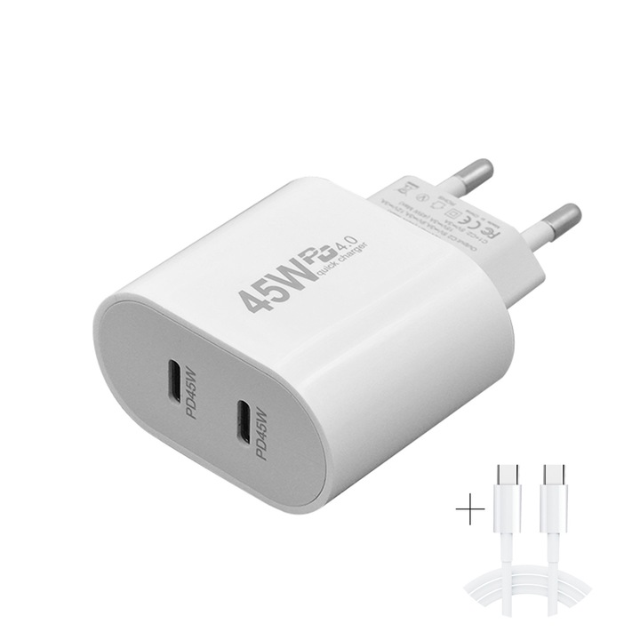 Incarcator Ultra-Rapid EU 45W Type-C, 2-Port, Pentru iPhone 16-11 Pro/Pro Max/Plus/iPad/AirPods