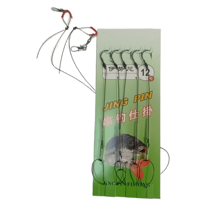 Kit carlige profesional pentru pescuit pradator, 5 carlige, 108cm, negru, 12