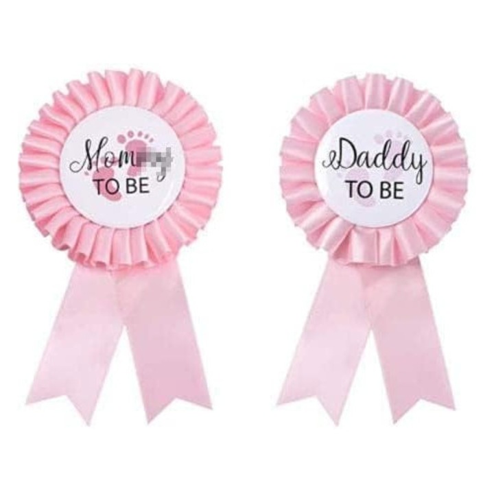 Комплект от 2 значки за парти Kengege, Mommy & Daddy To Be, розов