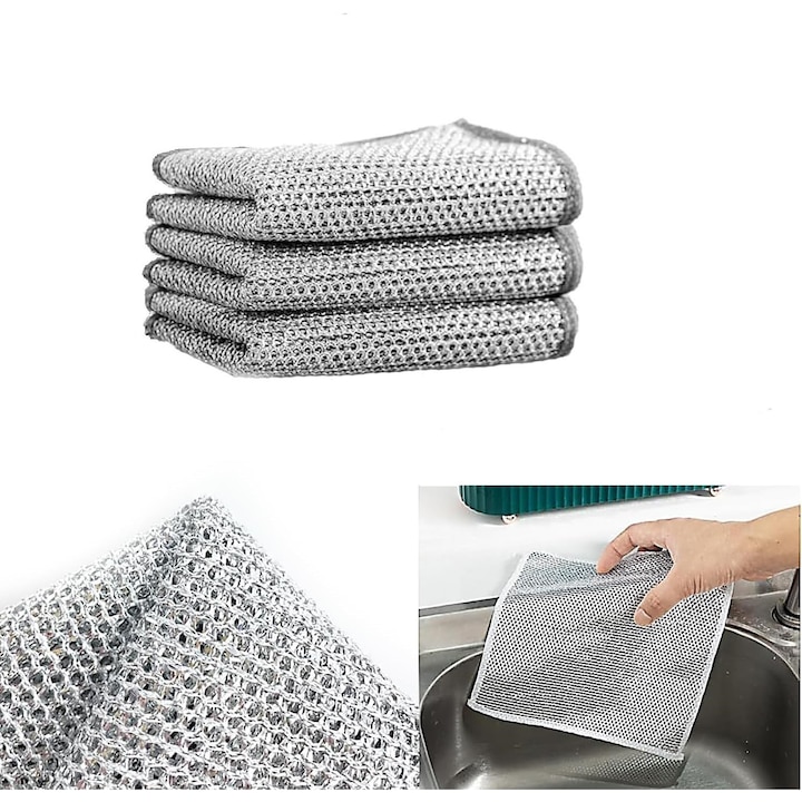 Set de 3 Lavete din Sarma Multifunctionale, Reutilizabile - Curata Fara Sa Zgarie: Indeparteaza Grasimea si Arsura de pe Vase, Dublu Strat, Microfibra Metalica, 30x30 cm