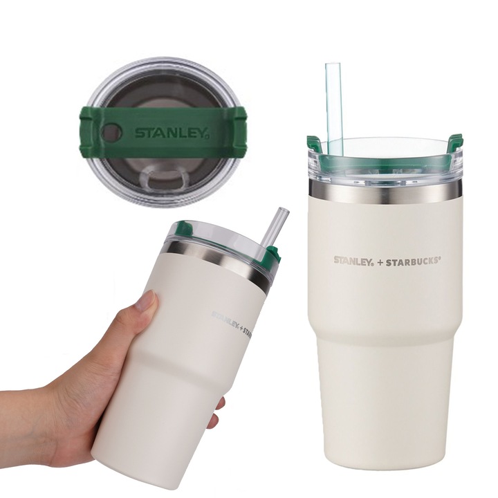 Termos inox, Stanley de cafea 591 ml, Alb/Verde, cu pai