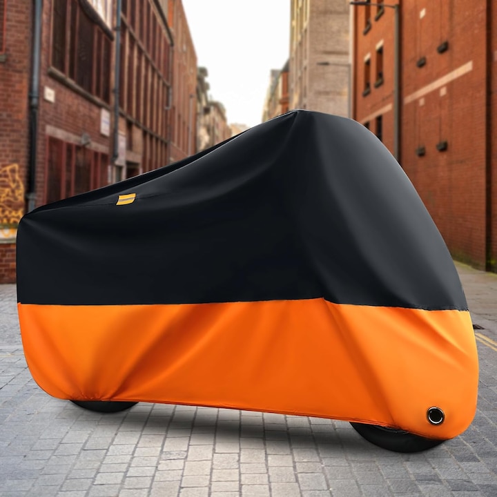 Покривало/калъф за мотор, полиестерно, външно, водоустойчива материя, дизайн със светлоотразителна лента, удебелено, 220*105*110см, черно/оранжево