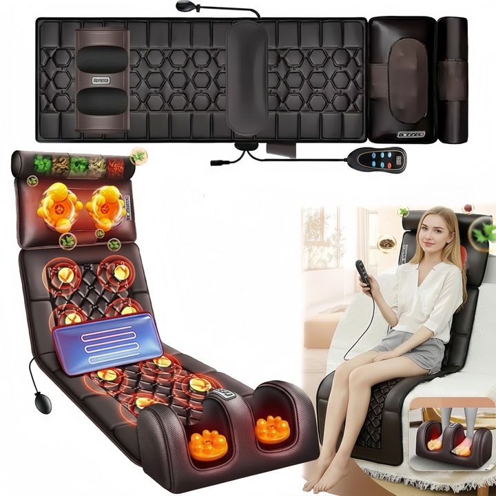 Масажна подложка за цялостен шиацу масаж, масажор за крака, с вибрации, затопляне, лимфен дренаж, при болки в гърба, врата, гръбнака, 15 функции, 6 режима, дистанционно управление, затопляща възглавница, екологична кожа, кафяв