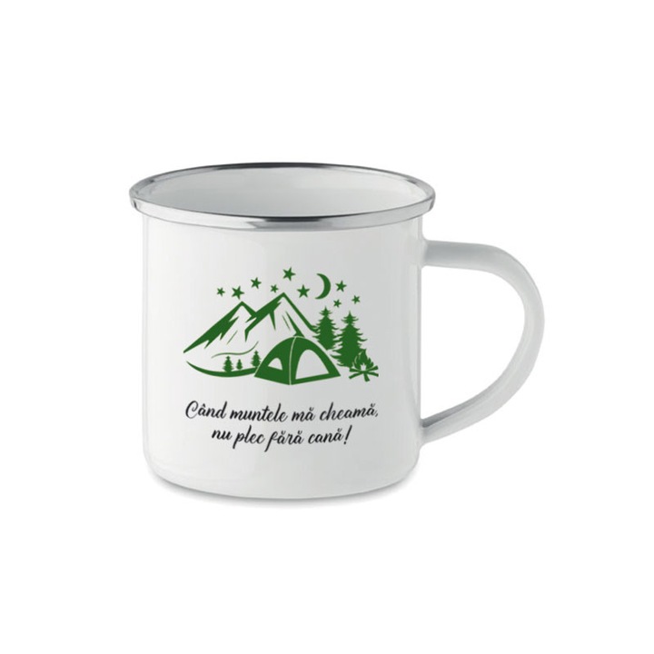 Cana metalica 200 ml, Piksel, cu strat emailat, alb, cu mesaj, munte, drumetie