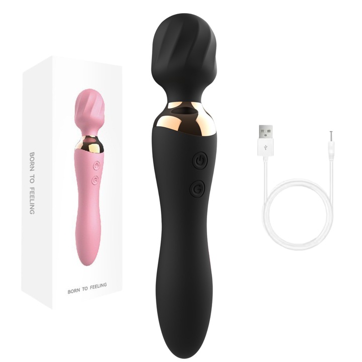 2 az 1-ben pálcás vibrátor dupla fejjel, 12 rezgési mód mindkét végén, 360°-ban forgó fej, csikló és G-pont stimuláció, USB-n újratölthető, vízálló, 50 dB alatt csendes, prémium szilikon, fekete, 19,7 cm