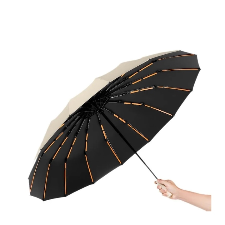 Összecsukható esőernyő huzattal, erős szélállóság, UV-védelem, vízlepergető anyag, 12 megerősített borda (5+3 réteg), automatikus nyitás és záródás, kompakt modell, 108 cm átmérő, acél és üvegszálas váz, bézs