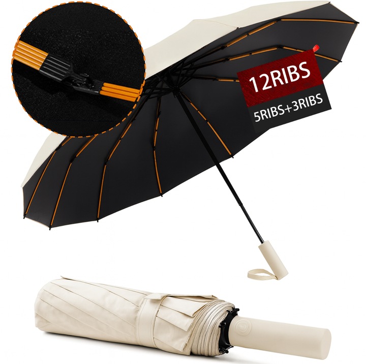 Сгъваем чадър за дъжд с калъф, силно устойчив на вятър, UV защита, водоотблъскващ материал, 12 подсилени спици (5+3 слоя), автоматично отваряне и затваряне, компактен модел, диаметър 108 см, рамка от стомана и фибростъкло, бежов