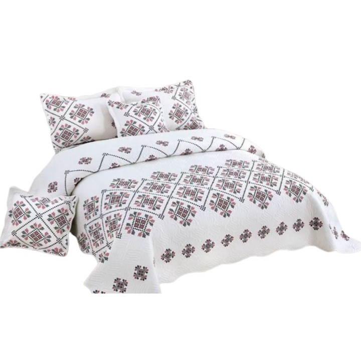 Cuvertura si 2 Fete de Perna, Bumbac, 5 piese, 2 persoane, Imprimeu Traditional, 230x250cm, Multicolor