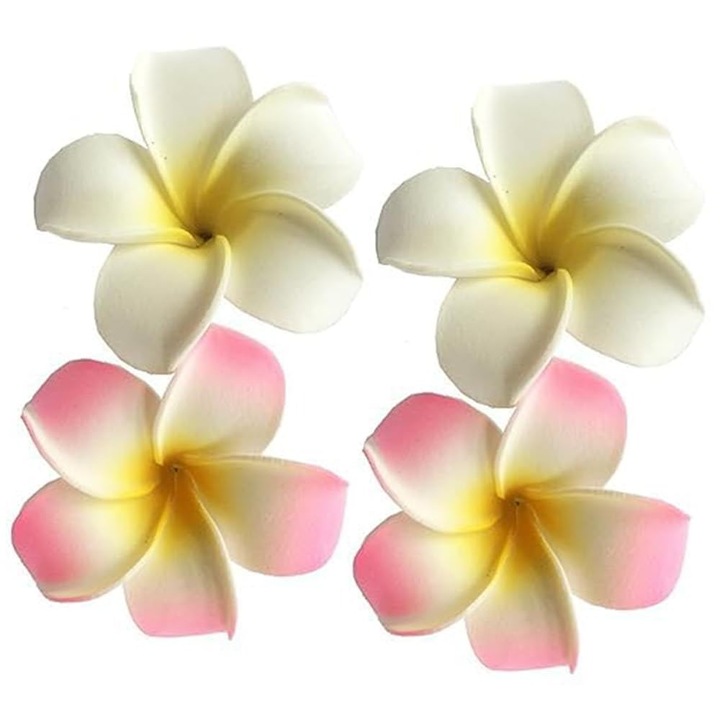 Set 4 Agrafe de Par Kengege®, model Flori Plumeria, 7cm, Alb/Roz