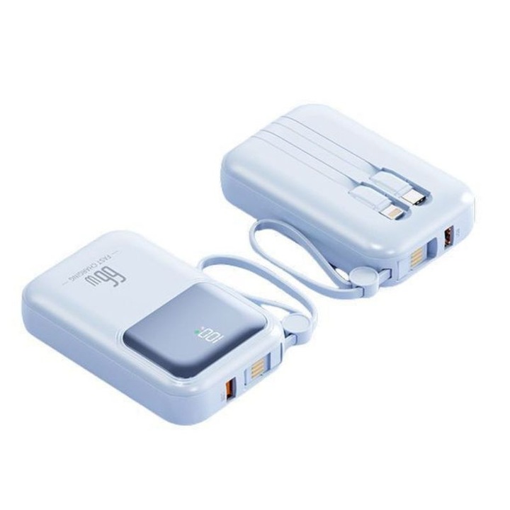 Външна батерия с бързо зареждане 20W, 10000mAh, цифров дисплей, синя