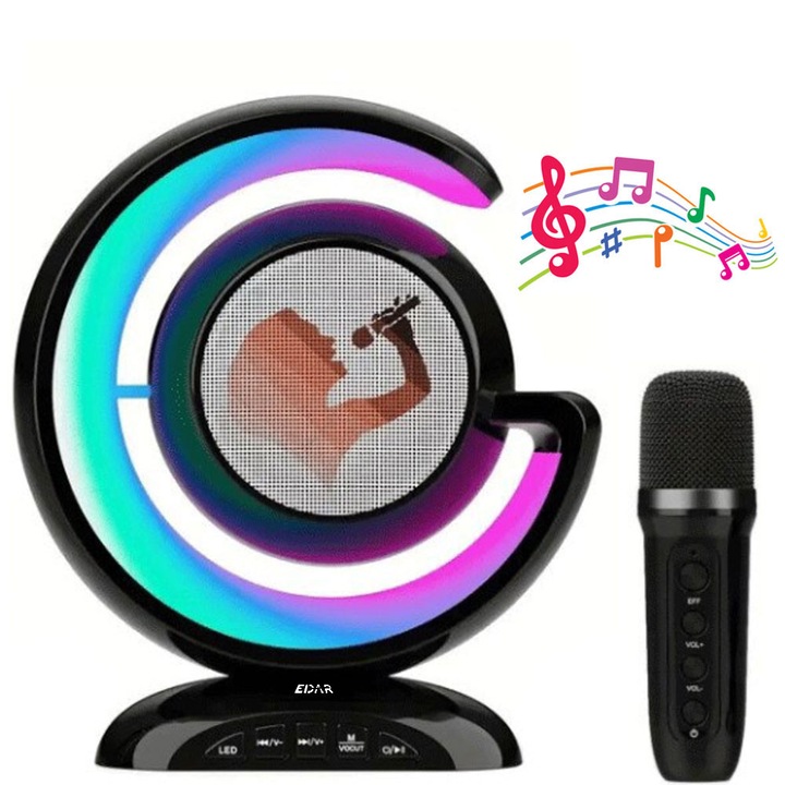 Set Karaoke 2 in 1 EDAR, Statie Smart cu Microfon Wireless si Boxa Portabila cu Lumina RGB, Conectare Telefon, Slot Card, Negru