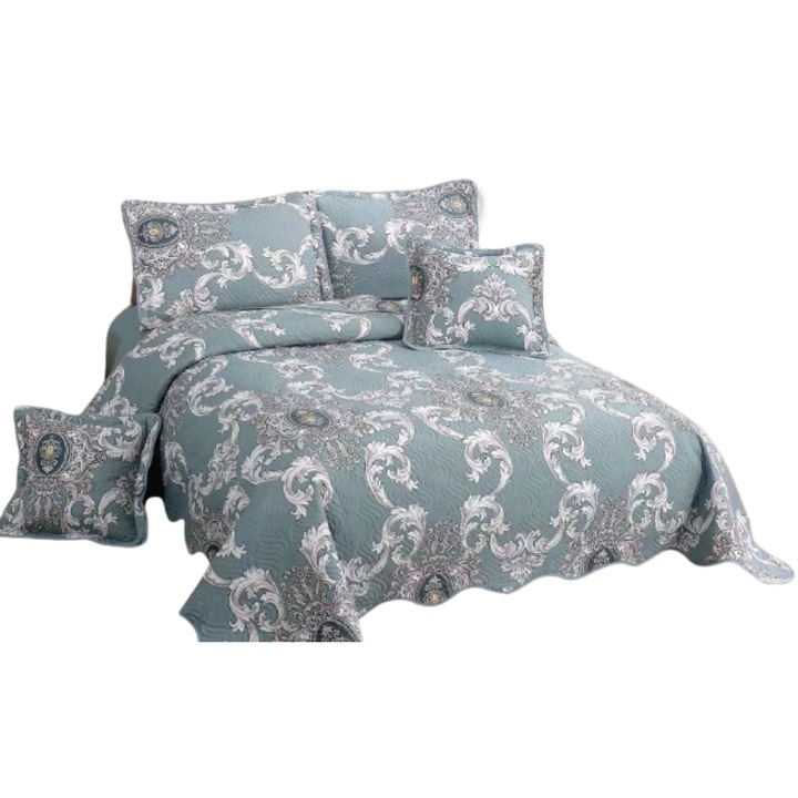 Cuvertura si 2 Fete de Perna, Bumbac, 5 piese, 2 persoane, Imprimeu Elegant Multicolor, 230x250cm