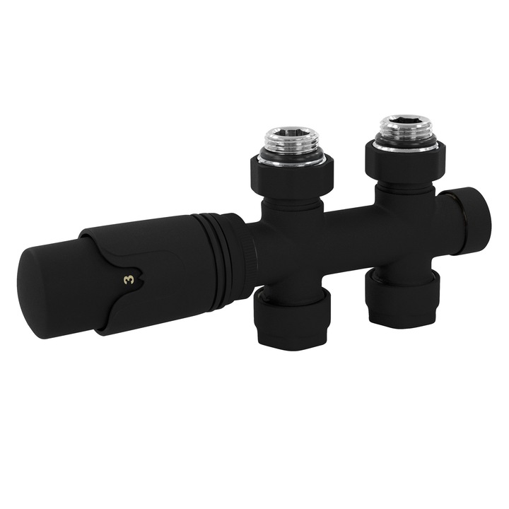 Комплект термостатичен вентил LuxeBath, черен, за подов монтаж, с термостат за радиатор за баня с централно свързване, комплект за свързване на нагревателни елементи, аксесоари, комплект за свързване на радиатор
