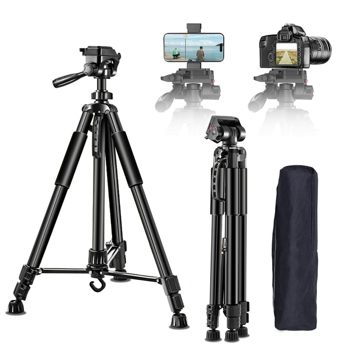 Trepied foto telescopic premium profesional, 59-170cm, rotire 360°, 3 reglaje in Inaltime, pentru telefon/camera foto, cu geanta de depozitare, aluminiu, negru