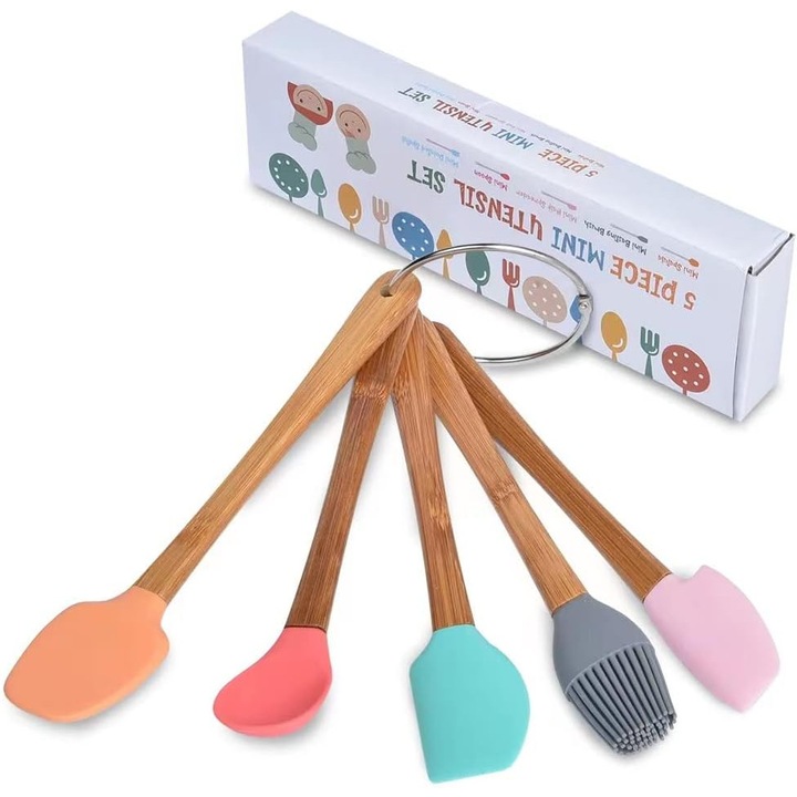 Set 5 mini ustensile de bucatarie, Kengege®, din silicon, manere din bambus, rezistente la caldura, multicolor
