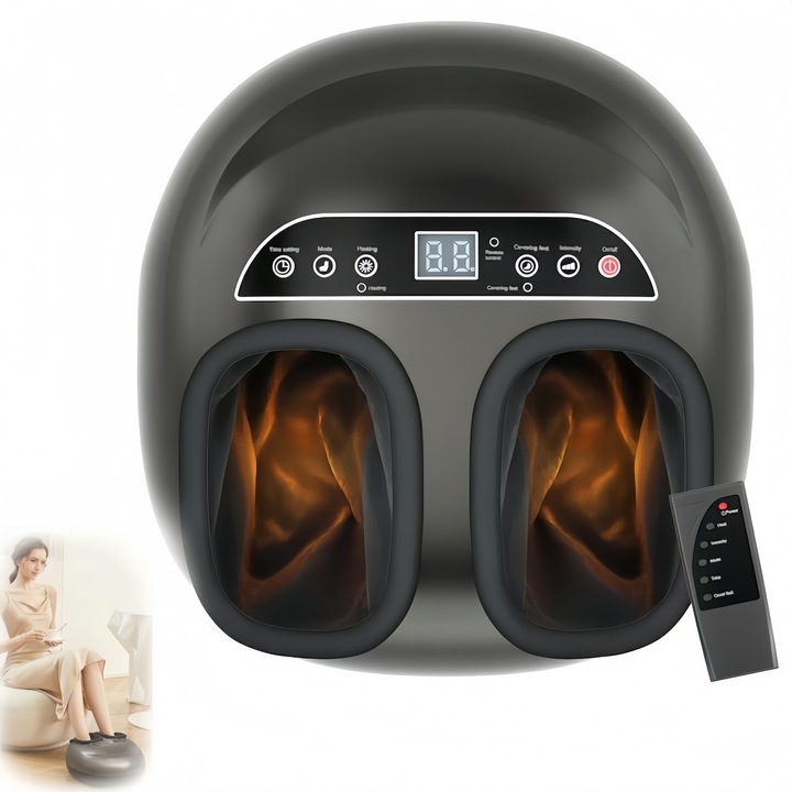 Lábmasszázs készülék, láb- és talprelaxációhoz, reflexológiai előnyök, javított vérkeringés, talpmasszázs görgők és akupresszúra, fűtéssel, kompresszióval és távirányítóval, 6 masszázsmód, fekete
