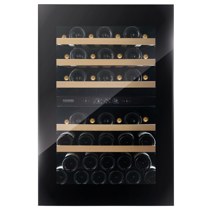 Vitrina de vin Dunavox DVH-44.120DB.TO, Gama Horizon, Culoare Sticla neagra, Nr.zone temperatura 2, Inaltime 88.2 cm, Nr. Sticle 44, Maner Push to Open, WiFi Da