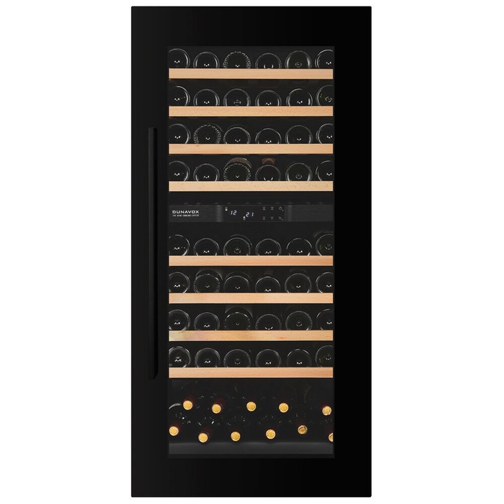 Vitrina de vin Dunavox DXJ-65.154DB, Gama Joy, Culoare Sticla neagra, Nr.zone temperatura 2, Inaltime 123.1 cm, Nr. Sticle 65, Maner Da, WiFi Nu