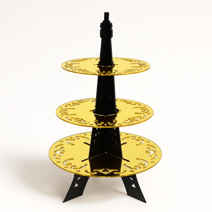 3 szintes, levehető torta- és cupcake állvány fényes fekete plexiből, aranyozott bevonattal - Eiffel-torony modell - csokoládés bár, esküvő, keresztelő, rendezvények