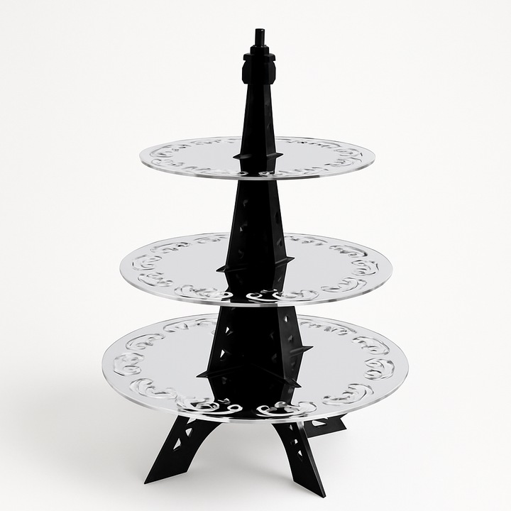 3 szintes, levehető torta- és cupcake állvány fényes fekete plexiből, ezüst lemezekkel - Eiffel-torony modell - csokoládés bár, esküvő, keresztelő, rendezvények