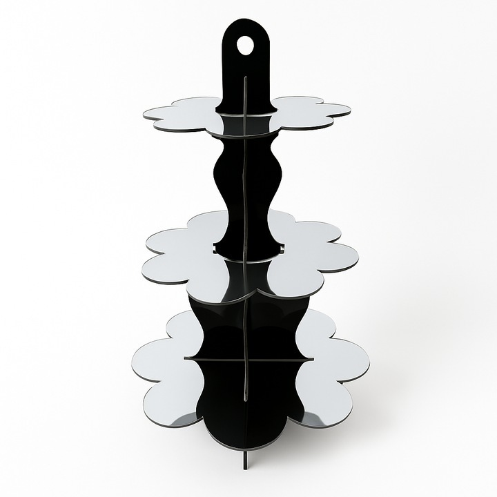 Cupcake és tortatartó, 3 szintes, levehető, fekete és ezüst plexiüvegből - elegáns csokoládés bárba, esküvőre, keresztelőre, különleges eseményekre