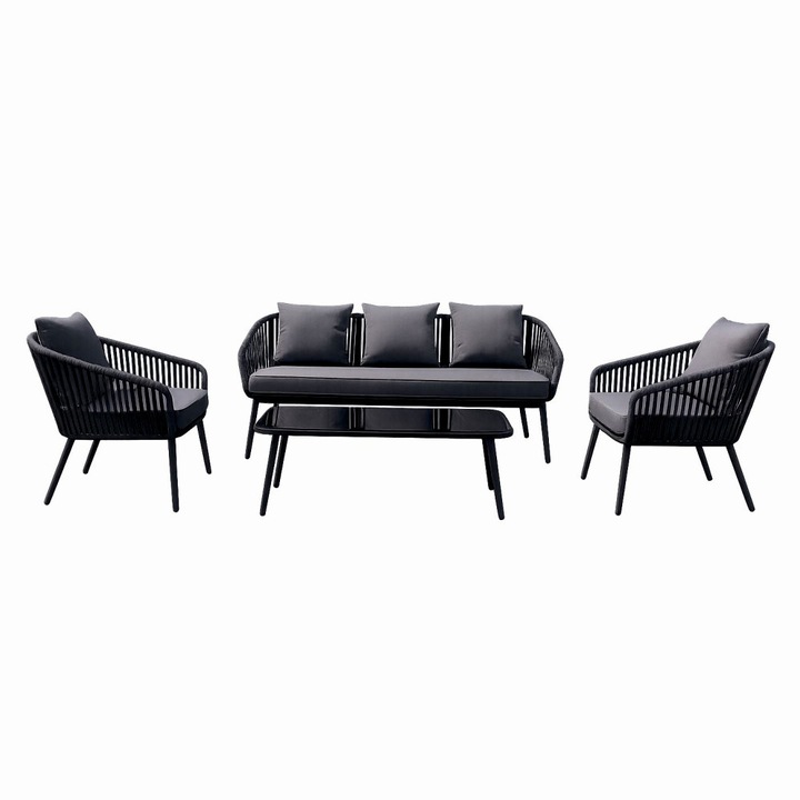 Set mobilier terasa/gradina MESTERINO KLUGMEISTER, canapea + 2 fotolii + masa sticla, include perne, gri, 4 piese