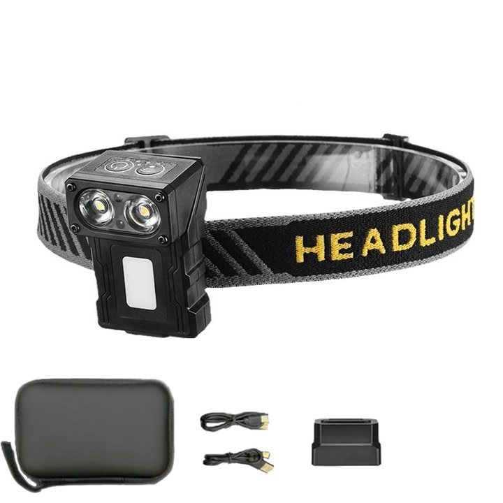 Lampa LED de Cap Pentru Camping, Incarcare USB Type C Lanterna 500LM, rotativa