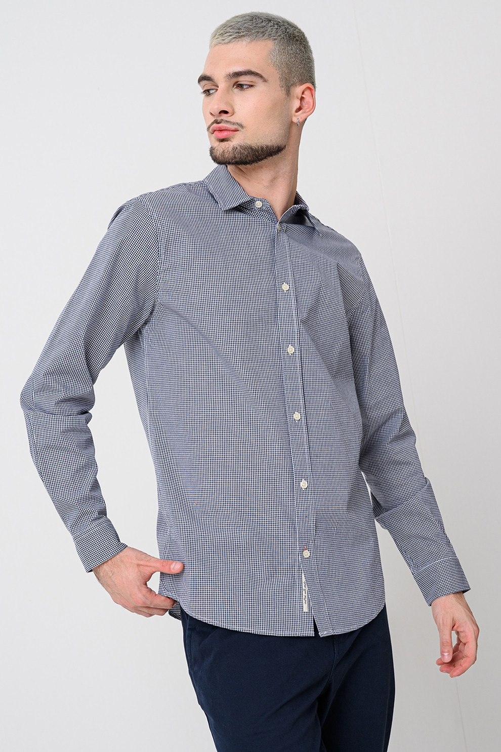 Scotch & Soda, Camasa in carouri din amestec de bumbac, Alb, Albastru inchis, M